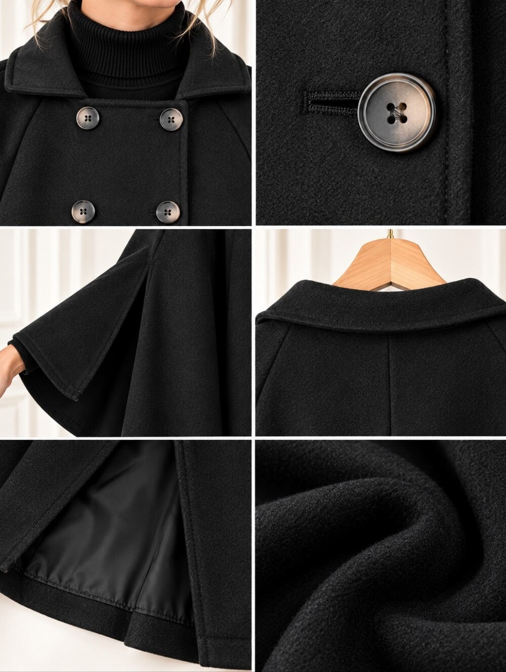 Black Double Breasted Cape Coat Poncho Quiet Luxury | Plus Size XXL - Picture 4 of 9